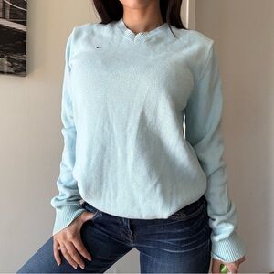 Y2K Light Blue Minimalist V-Neck Knit Sweater